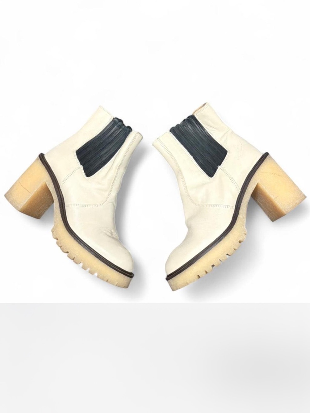 Free People Cream Block Heel Chelsea Boots with Black Elastic Panels